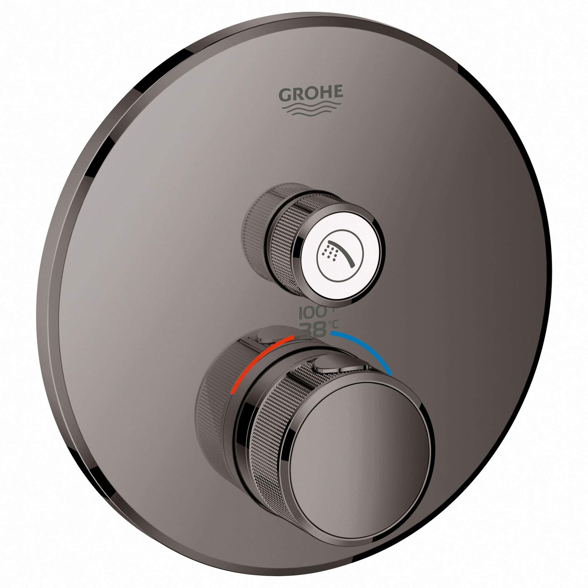 Grohe Grohtherm thermostatic valve trim with hard graphite round escutcheon, upper control button, and lower temperature dial