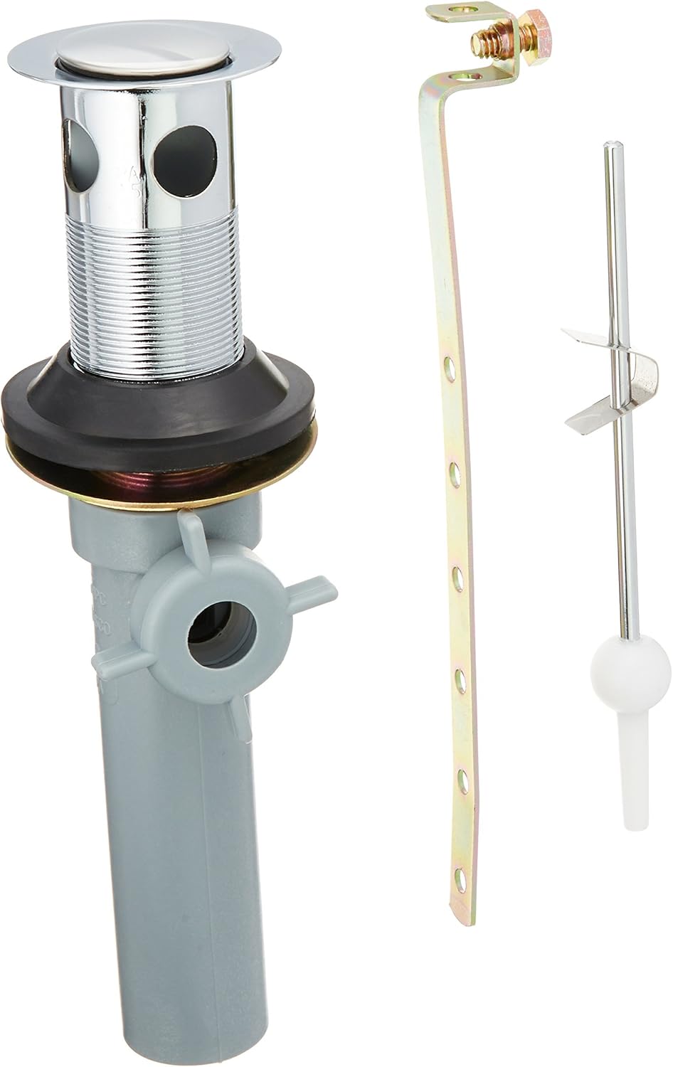 Stainless steel drain assembly with chrome pop-up stopper, gray plastic pipes, brass valve connector, and mounting bracket fo
