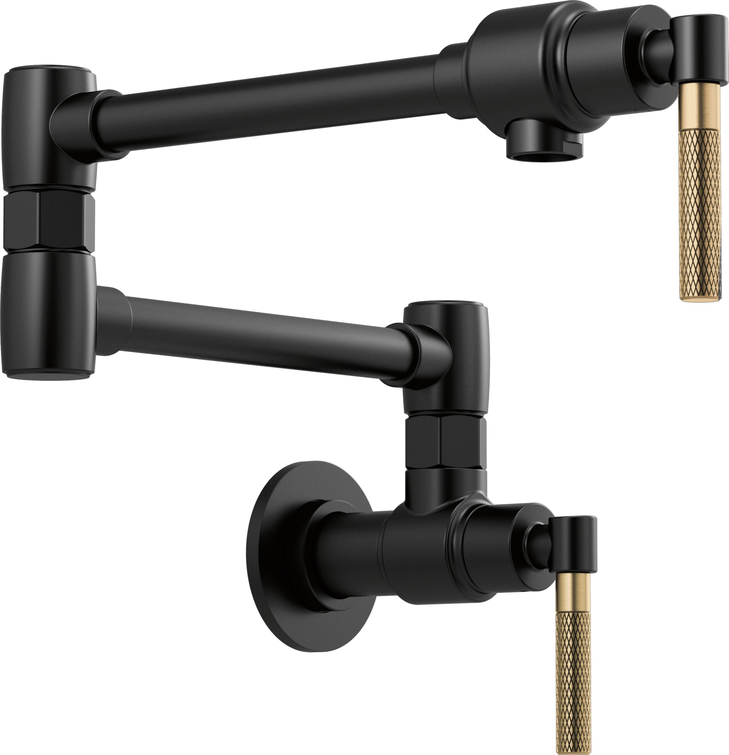 Black wall-mount pot filler with articulating arms and gold knurled handles on both spouts.