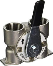 Stainless steel bypass valve with black lever handle and threaded female ports on both sides.