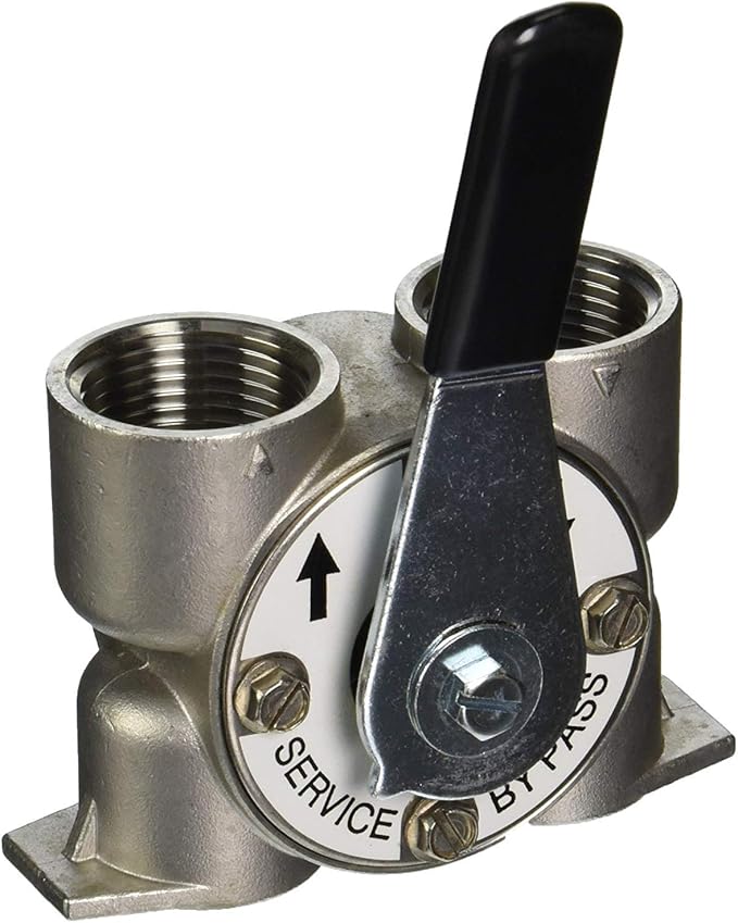 Stainless steel bypass valve with black lever handle and threaded female ports on both sides.