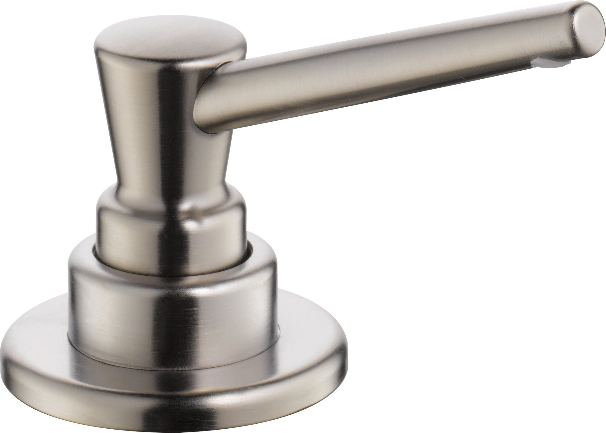 Stainless steel soap and lotion dispenser pump with round base and angled spout.