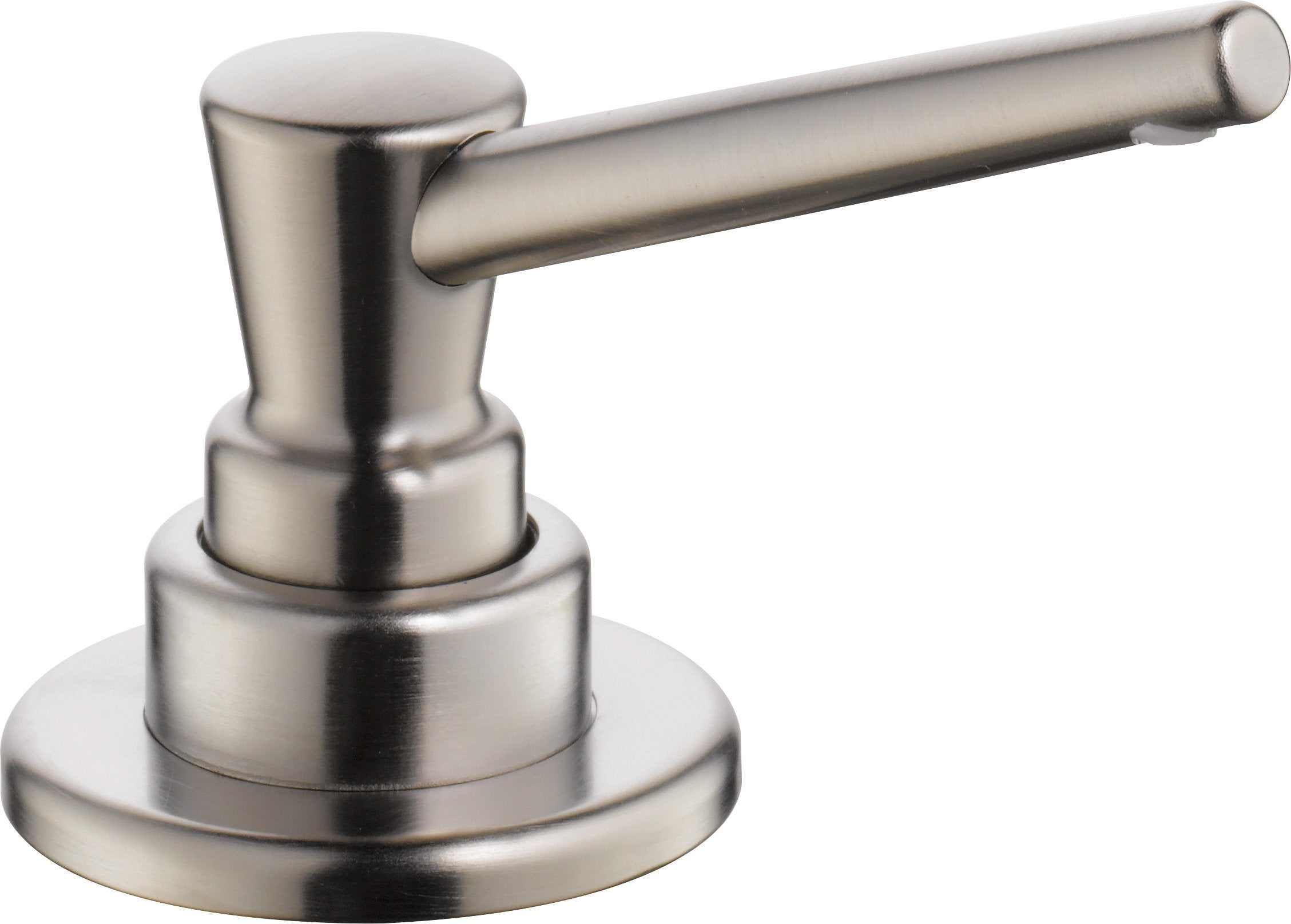 Stainless steel soap and lotion dispenser pump with round base and angled spout.