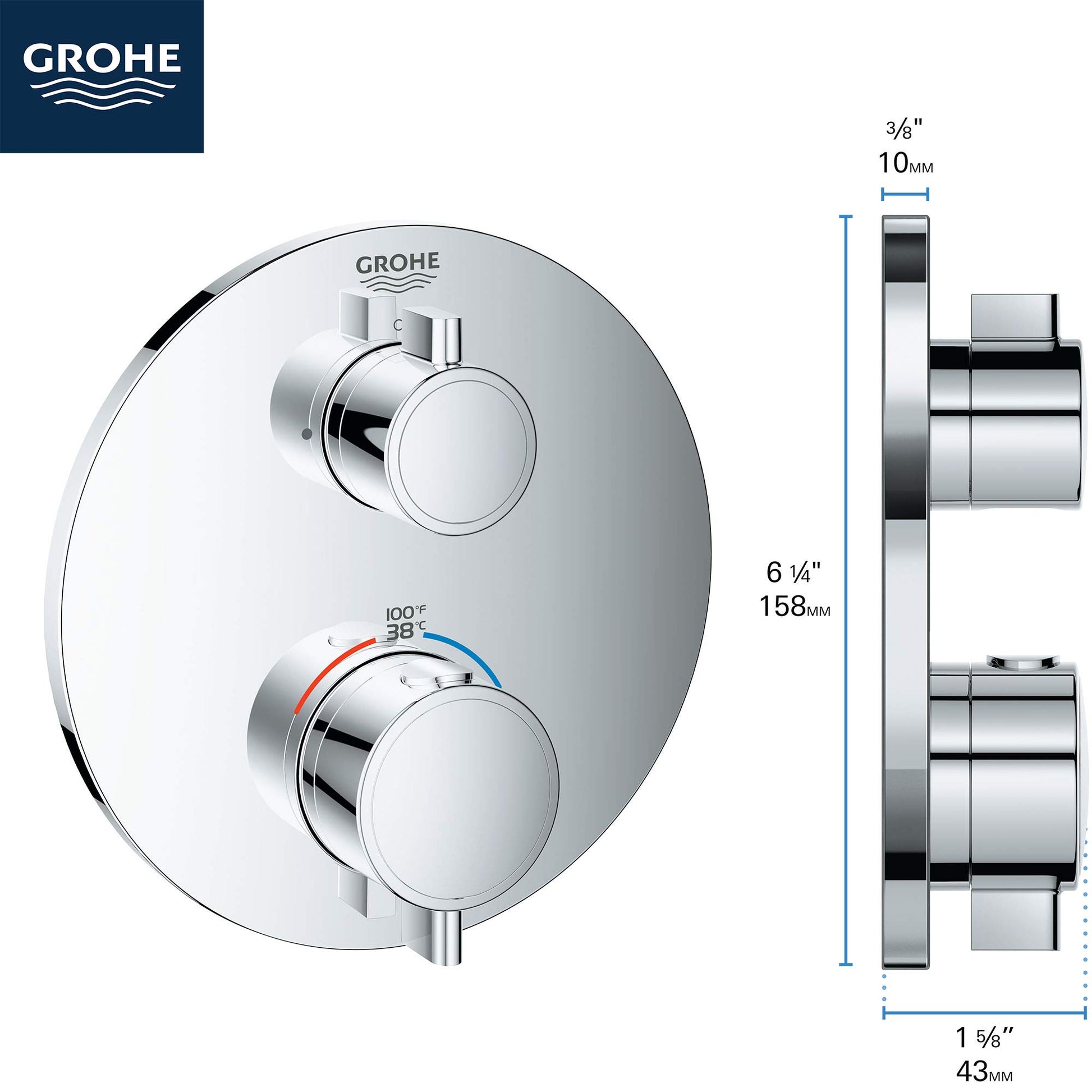 Grohe Grohtherm brushed nickel thermostatic valve trim with two circular handles and temperature dial on round escutcheon pla