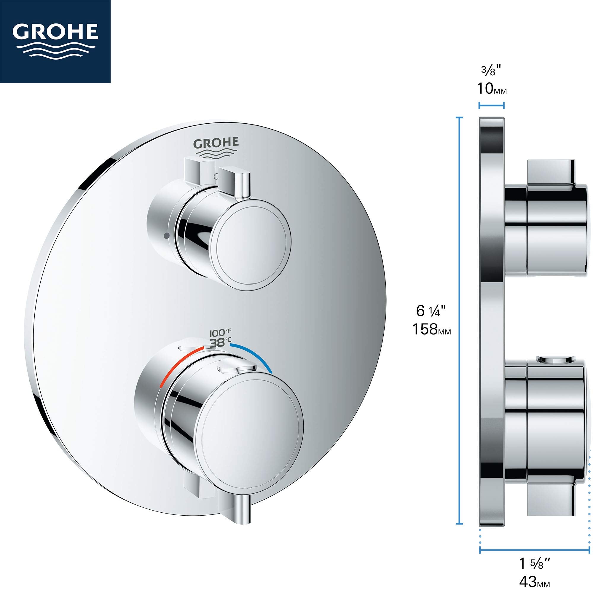 Grohe Grohtherm brushed nickel thermostatic valve trim with two circular handles and temperature dial on round escutcheon pla
