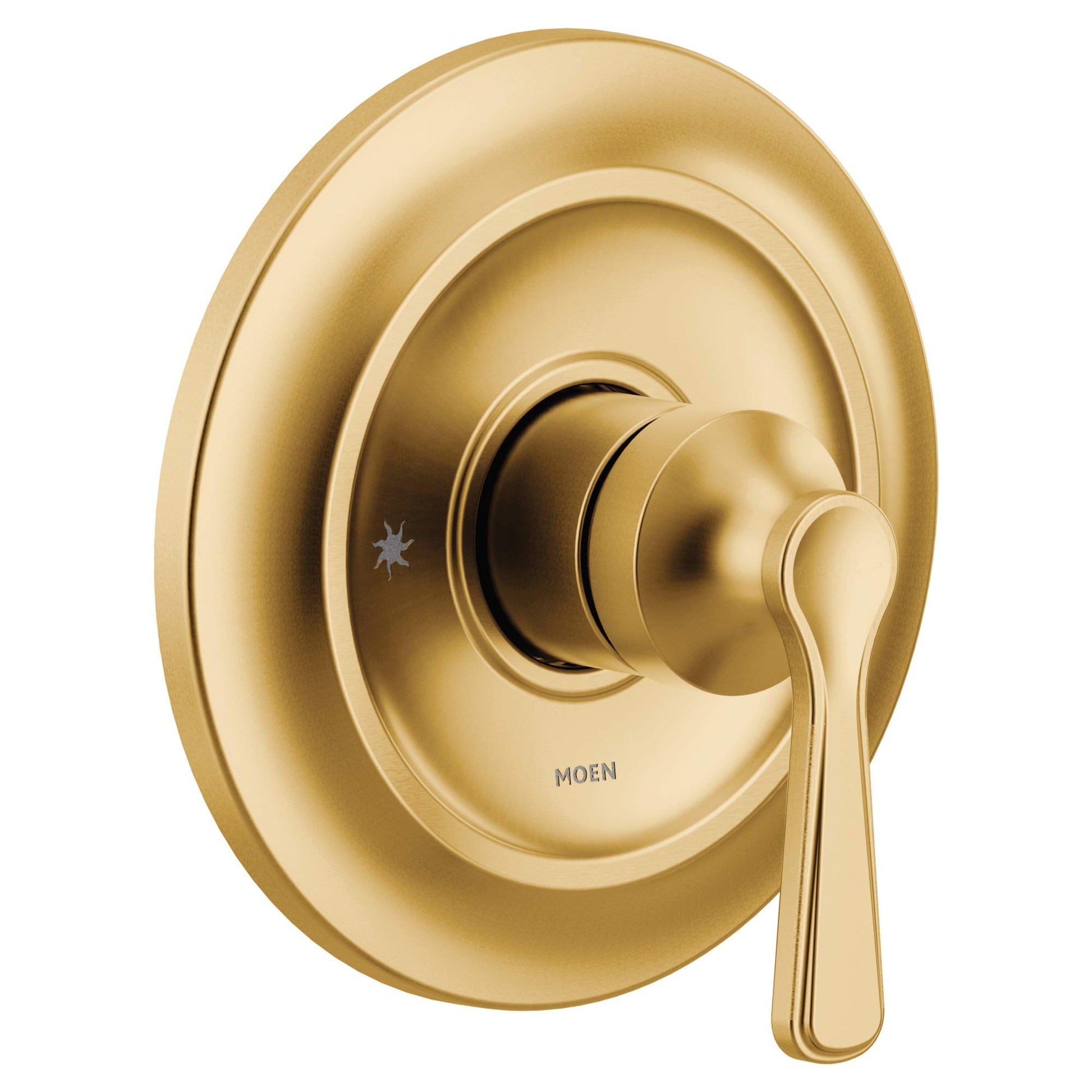 Brushed gold single-handle valve trim with rounded escutcheon plate and lever handle.