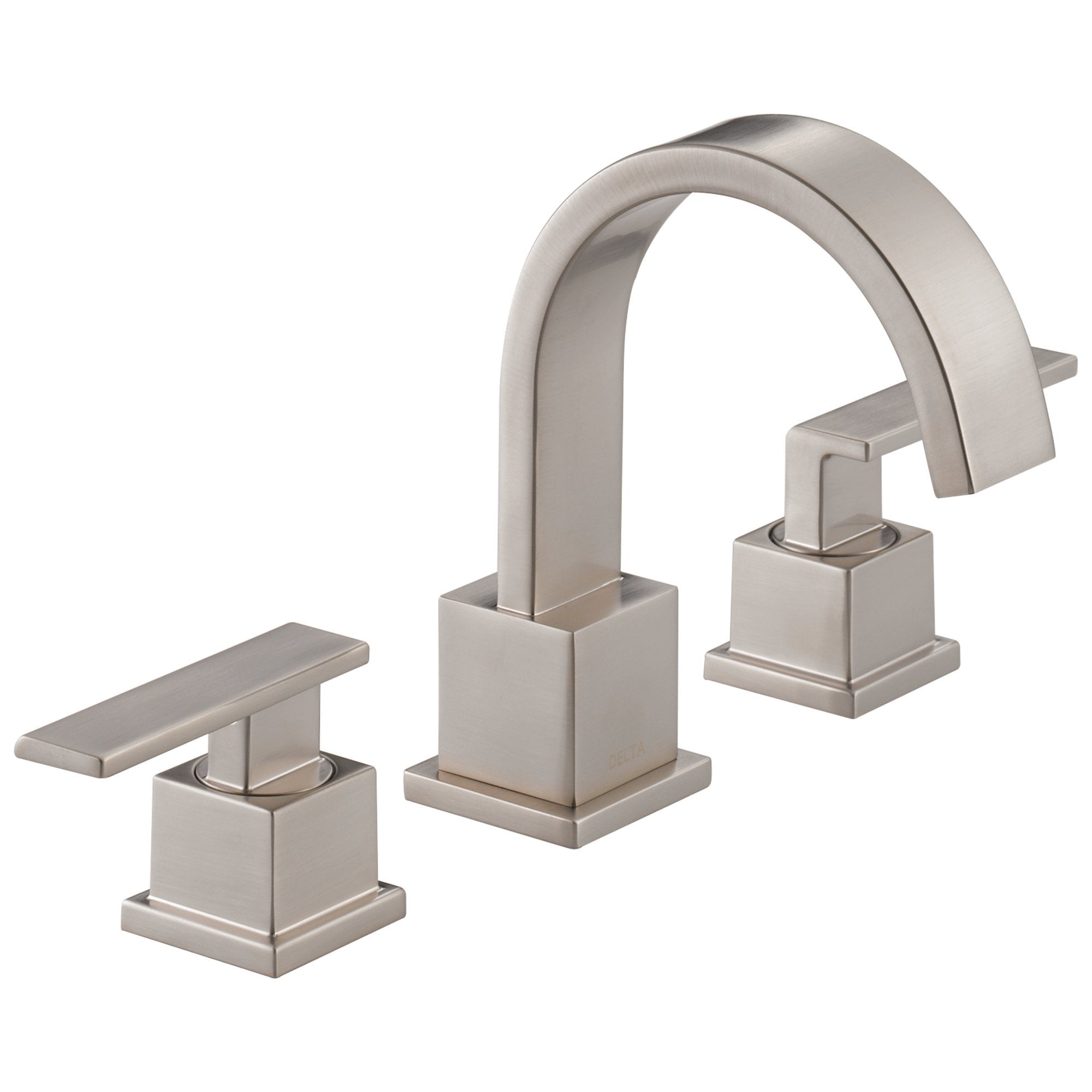 Brushed nickel widespread bathroom faucet with two square handles and curved spout.