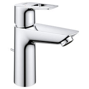 Chrome single-handle bathroom faucet with cylindrical body, rectangular spout, and integrated aerator.