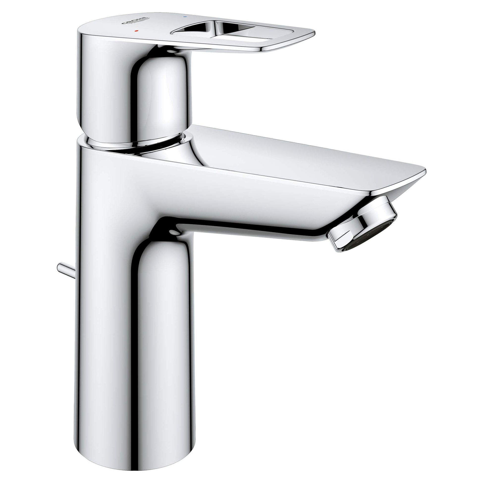 Chrome single-handle bathroom faucet with cylindrical body, rectangular spout, and integrated aerator.