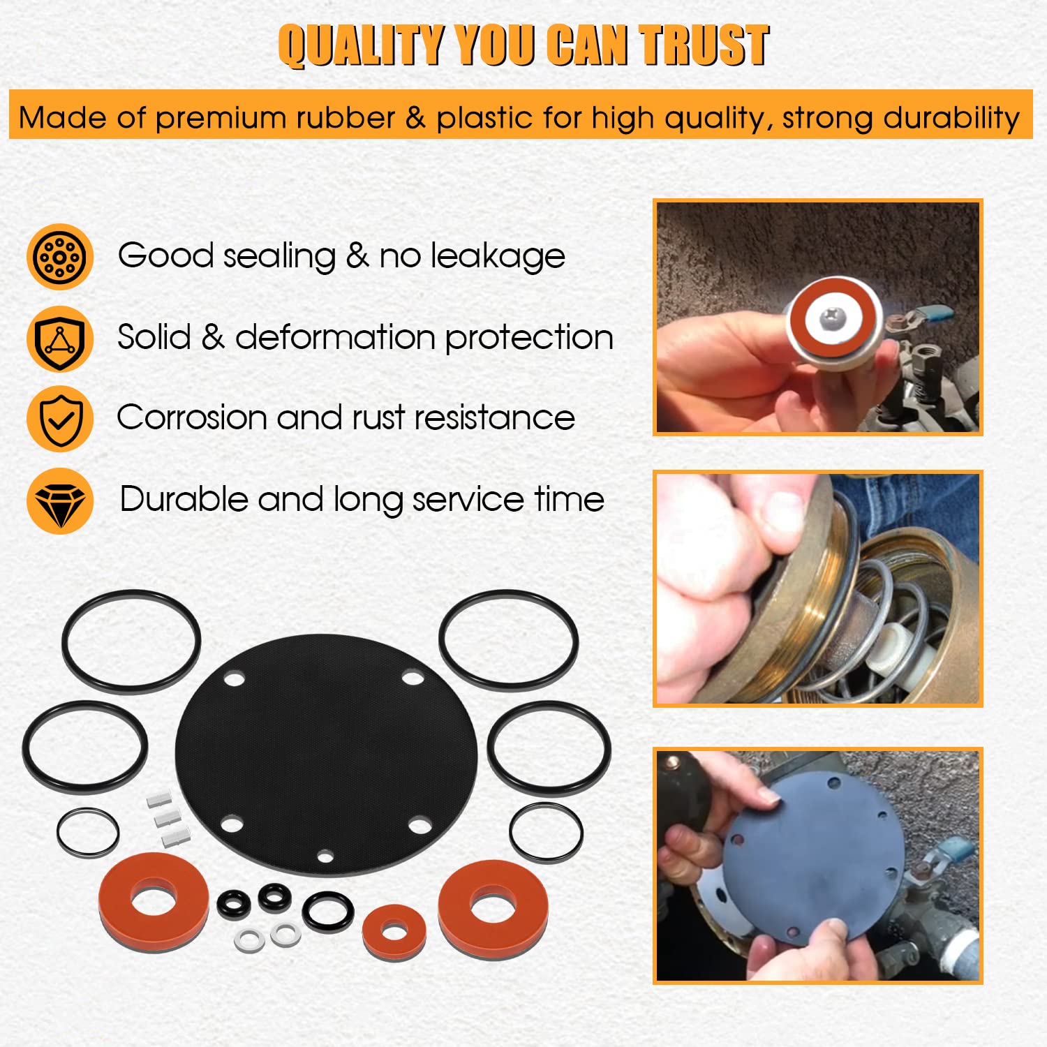 Silicone rubber repair kit containing black diaphragm, red washers, and assorted black o-rings for water valve assembly.