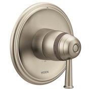 Brushed nickel shower valve trim with round escutcheon plate, lever handle, and thermostatic control dial.