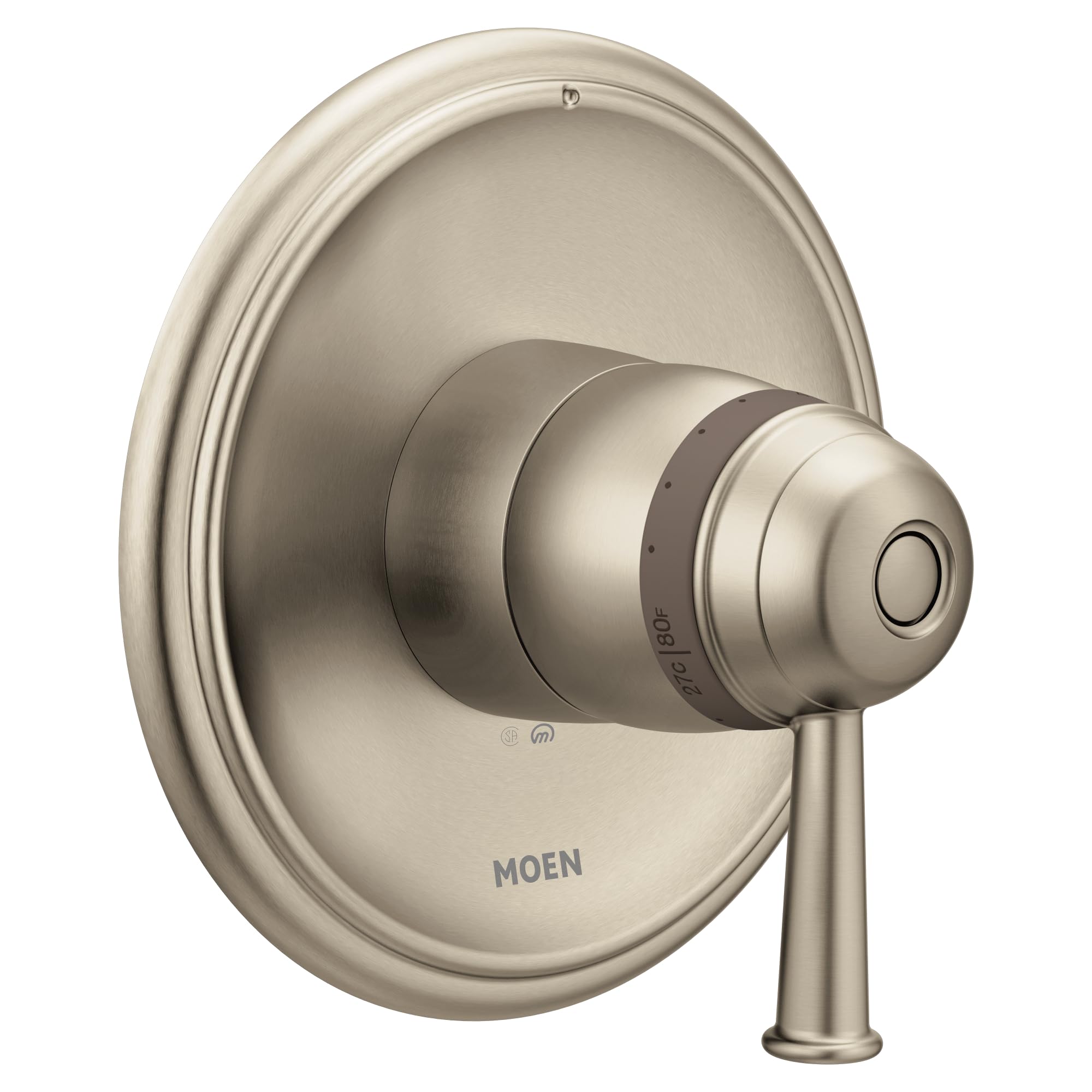 Brushed nickel shower valve trim with round escutcheon plate, lever handle, and thermostatic control dial.