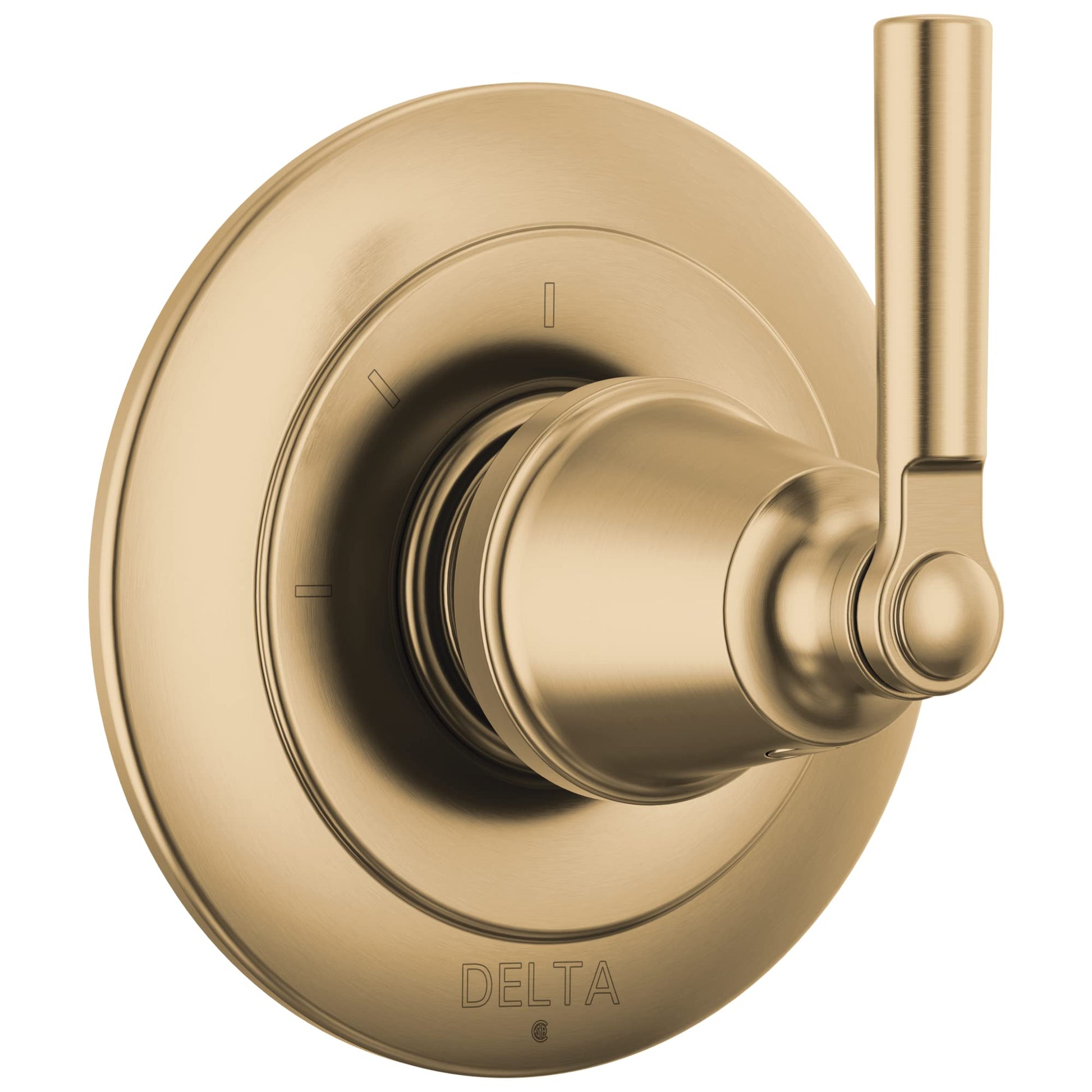Champagne bronze diverter trim with round escutcheon plate, cylindrical lever handle, and control markings.