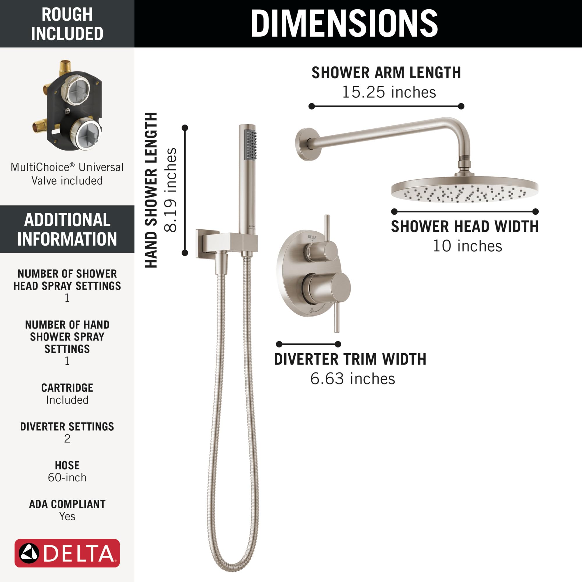 Delta Modern Monitor Series Shower With Raincan, Hand Shower & Rough Valve in Spotshield Brushed Nickel - 342702-SP