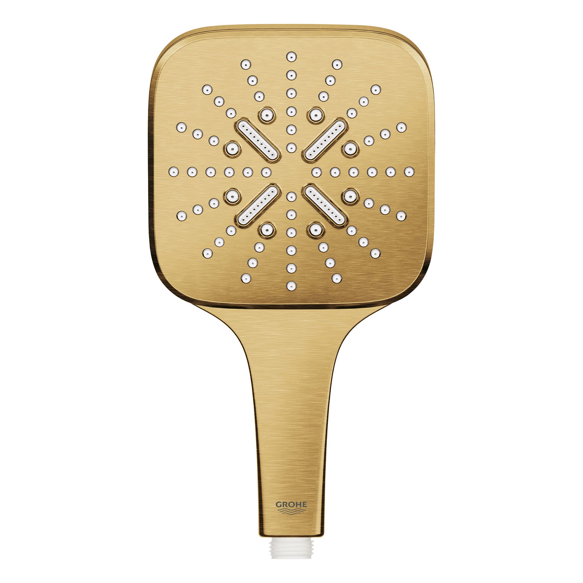 Brushed gold square hand shower head with multiple spray nozzles and rectangular spray outlets arranged in a cross pattern.