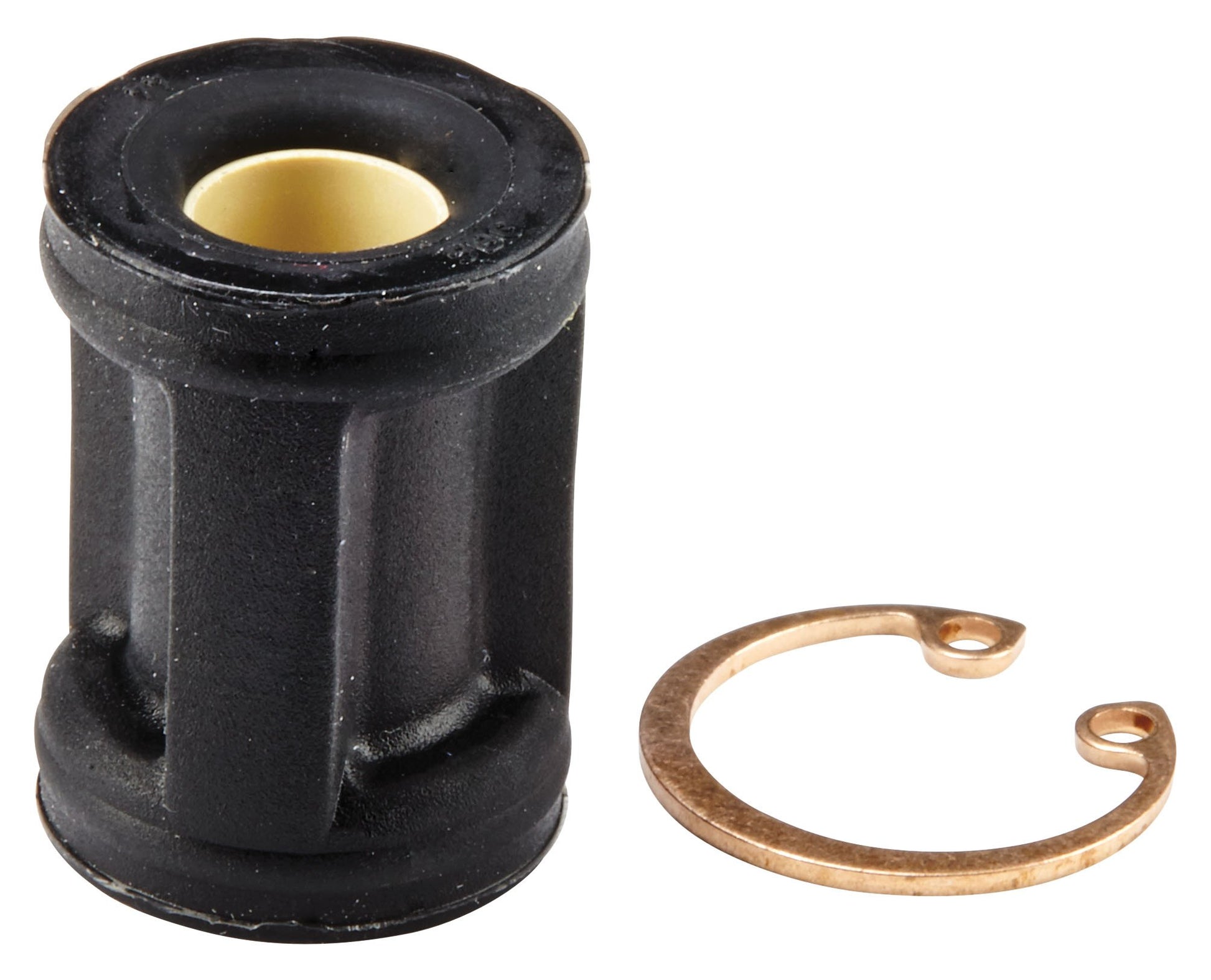 Black cylindrical buffer with cream interior and brass retaining clip, Grohe repair part 47398000.