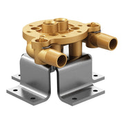 Brass tub filler valve body mounted on steel floor bracket with two threaded inlet ports and central riser connection.