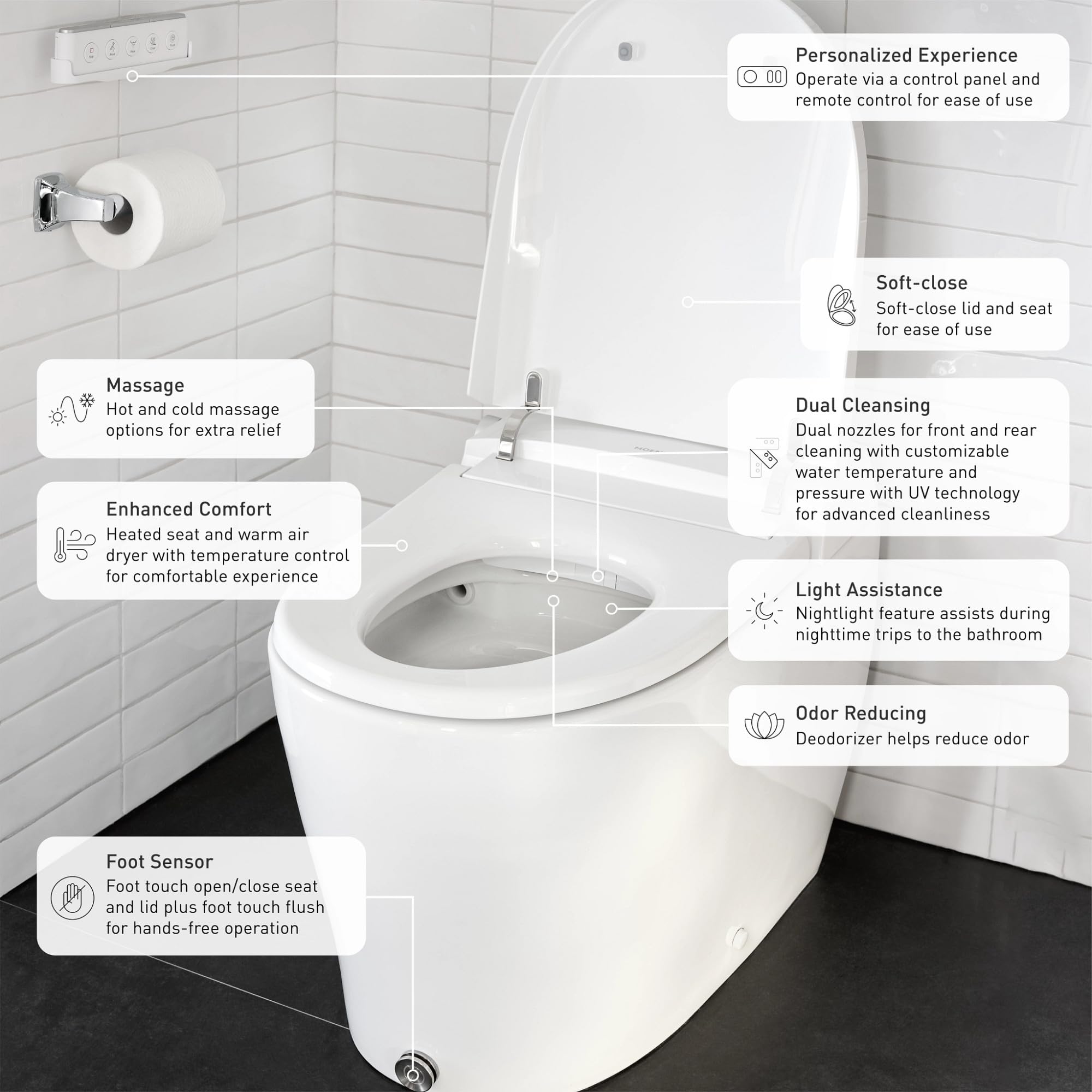 White elongated bidet toilet with soft-close lid, dual nozzles, heated seat, and foot sensor controls in bathroom.