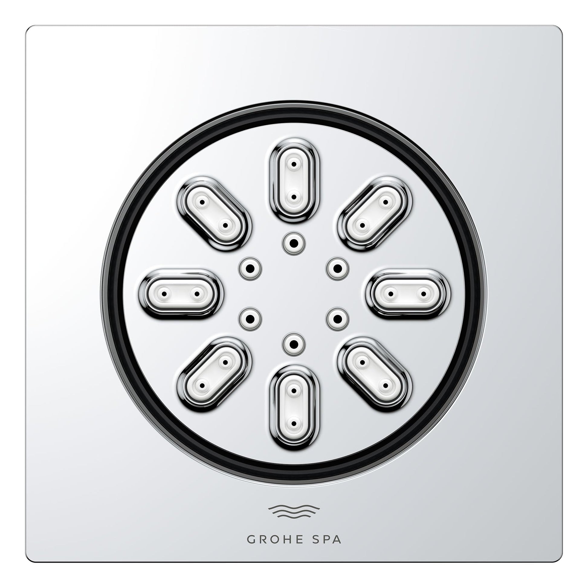 Chrome square body spray with eight oval nozzles and four small circular jets arranged in circular pattern.