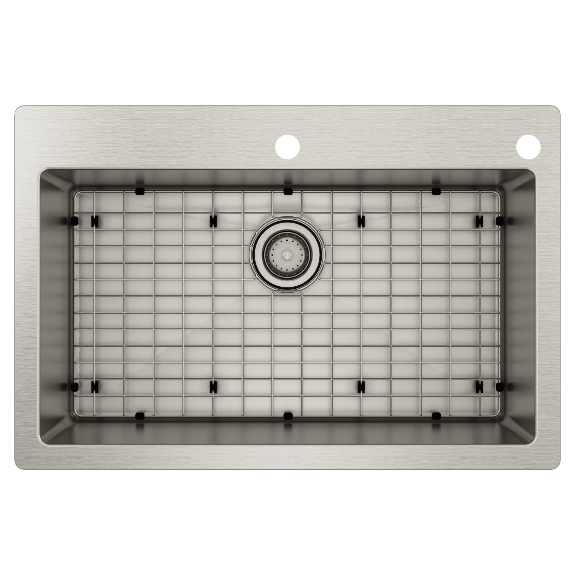 Stainless steel single-bowl kitchen sink with grid insert and drain, shown from above with mounting holes visible.