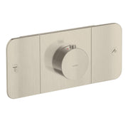 Brushed nickel thermostatic module trim with circular control knob and two rectangular function plates with icons.