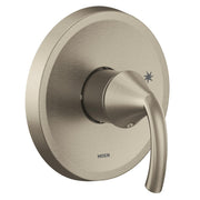 Brushed nickel shower trim with single handle lever and circular escutcheon plate.