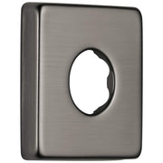 Black stainless steel shower flange with oval opening and rounded edges.