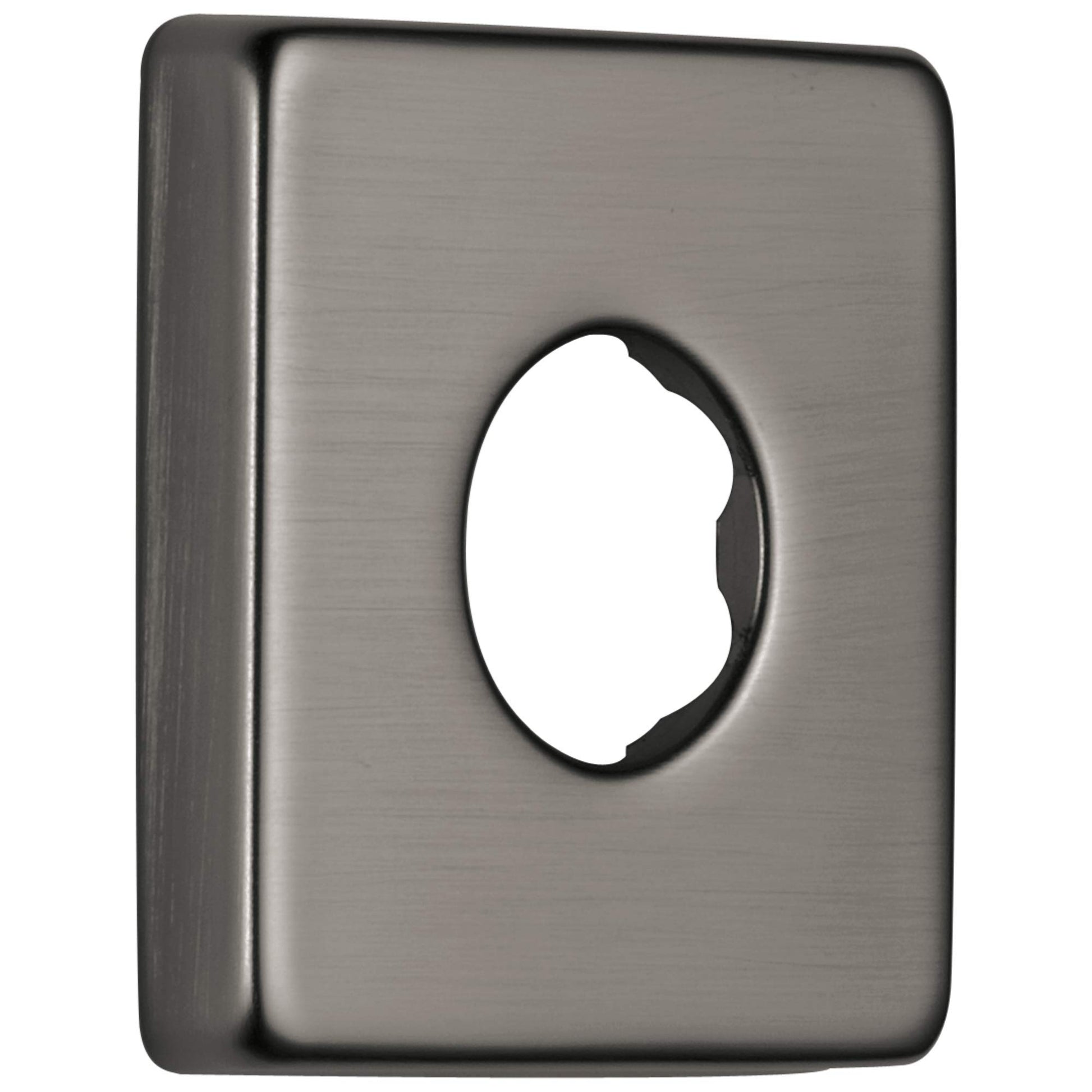 Black stainless steel shower flange with oval opening and rounded edges.
