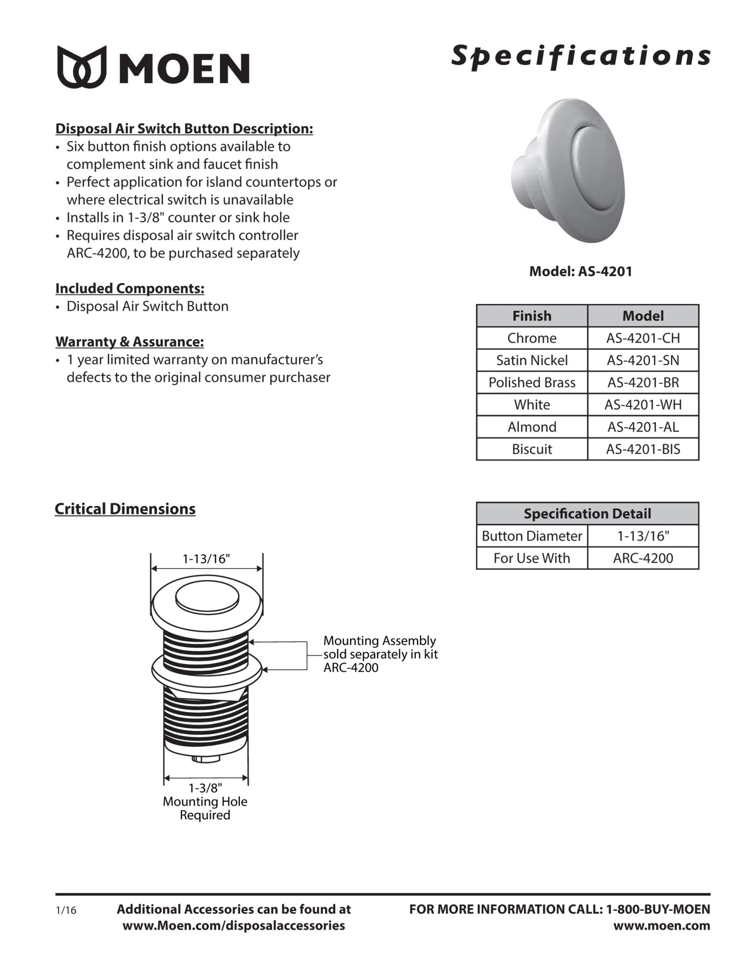 Moen matte black round air switch button for garbage disposal with 1-13/16 inch diameter and threaded mounting assembly.