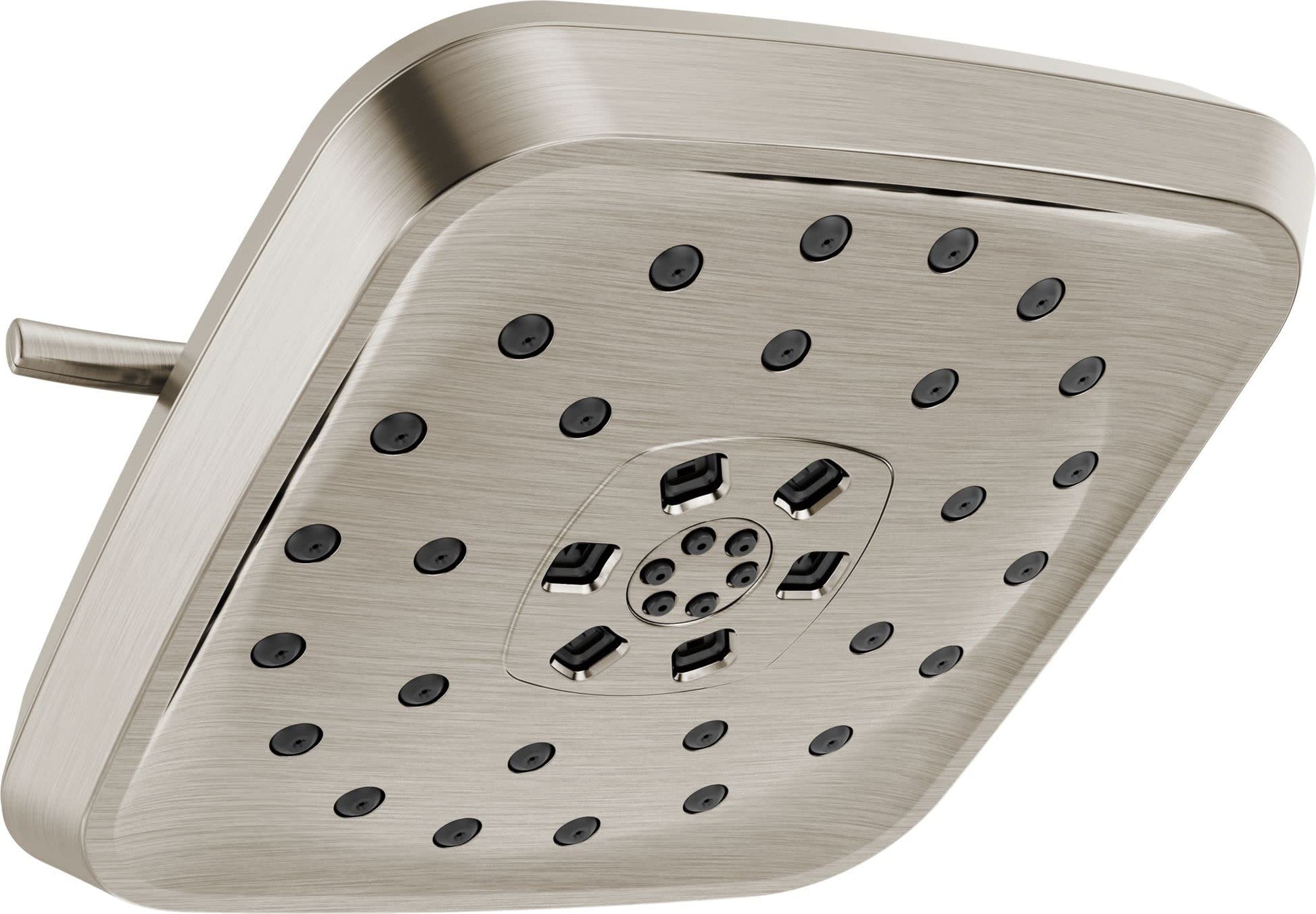 Square brushed nickel shower head with multiple spray jets and center control dial, side arm connection visible.