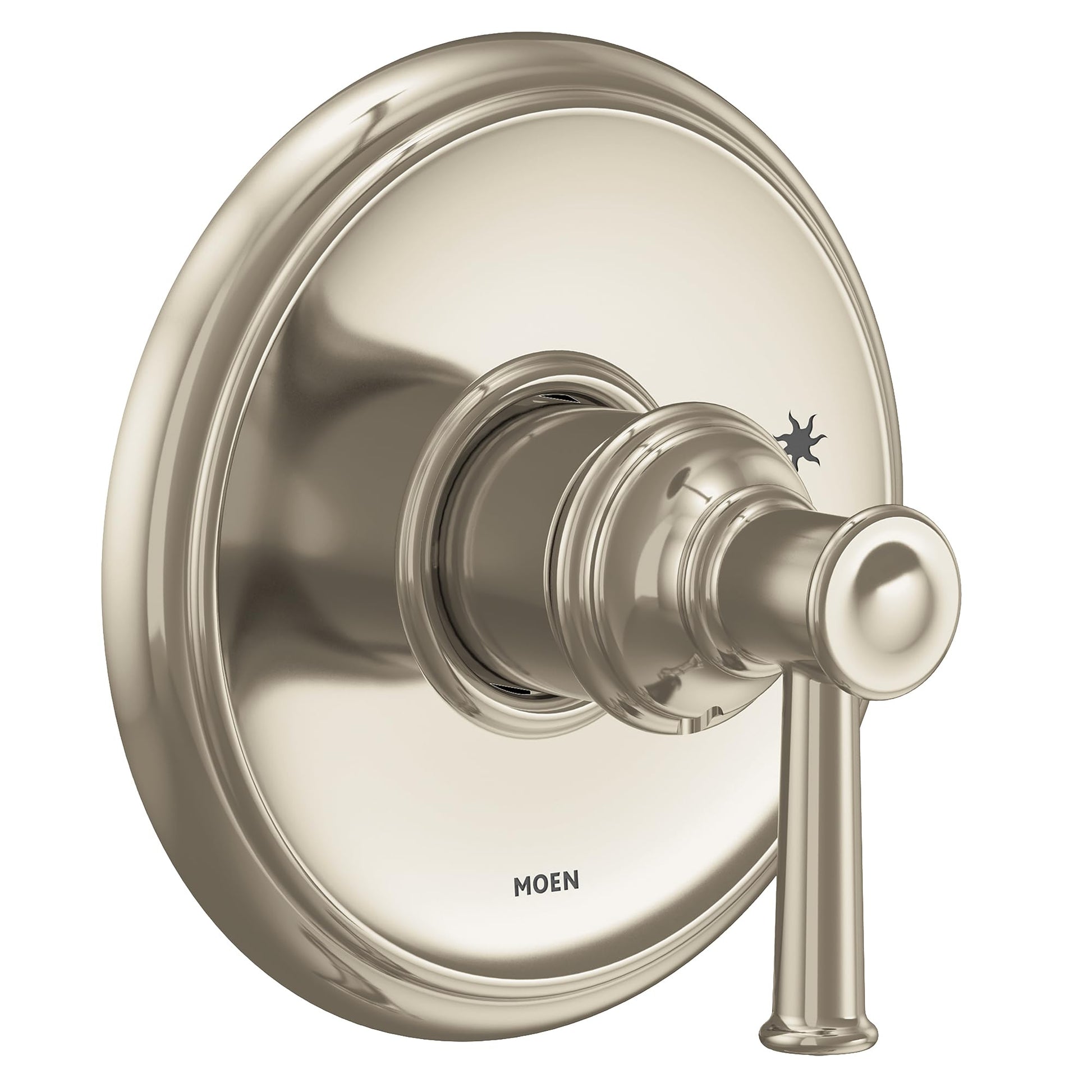 Polished nickel shower trim kit with single handle lever and oval escutcheon plate.