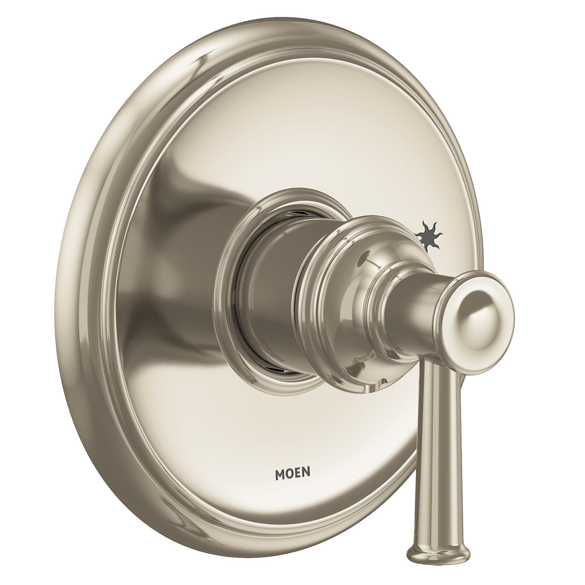 Polished nickel shower trim kit with single handle lever and oval escutcheon plate.