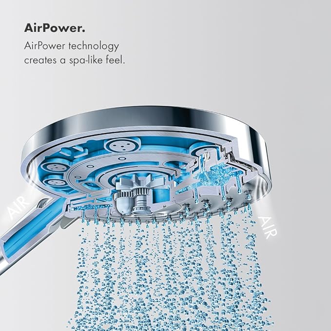 Chrome handshower with round face showing multiple jet holes and blue internal components, water streams visible below.