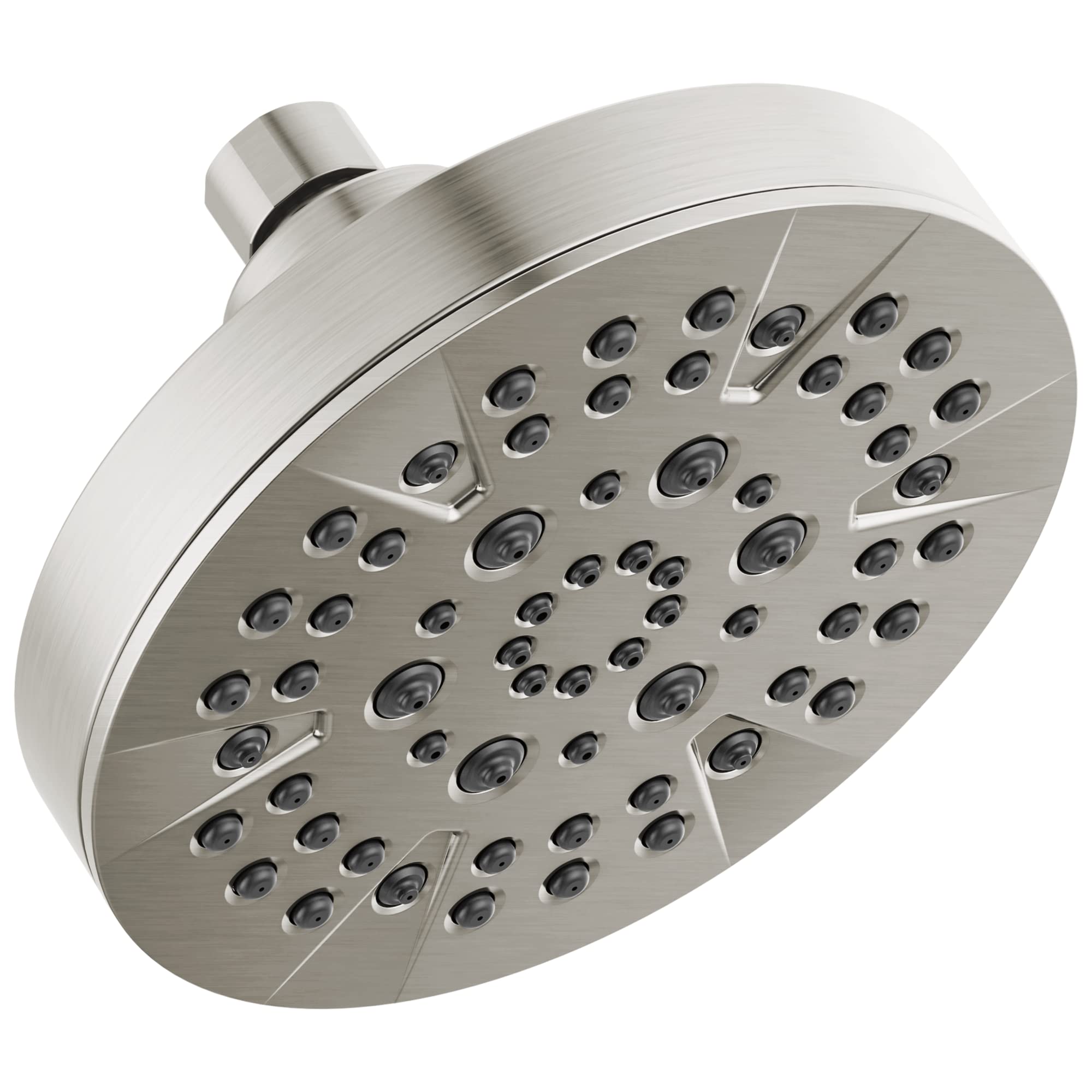 Chrome shower head with brushed finish and multiple spray holes arranged in circular pattern with adjustable arm connector.