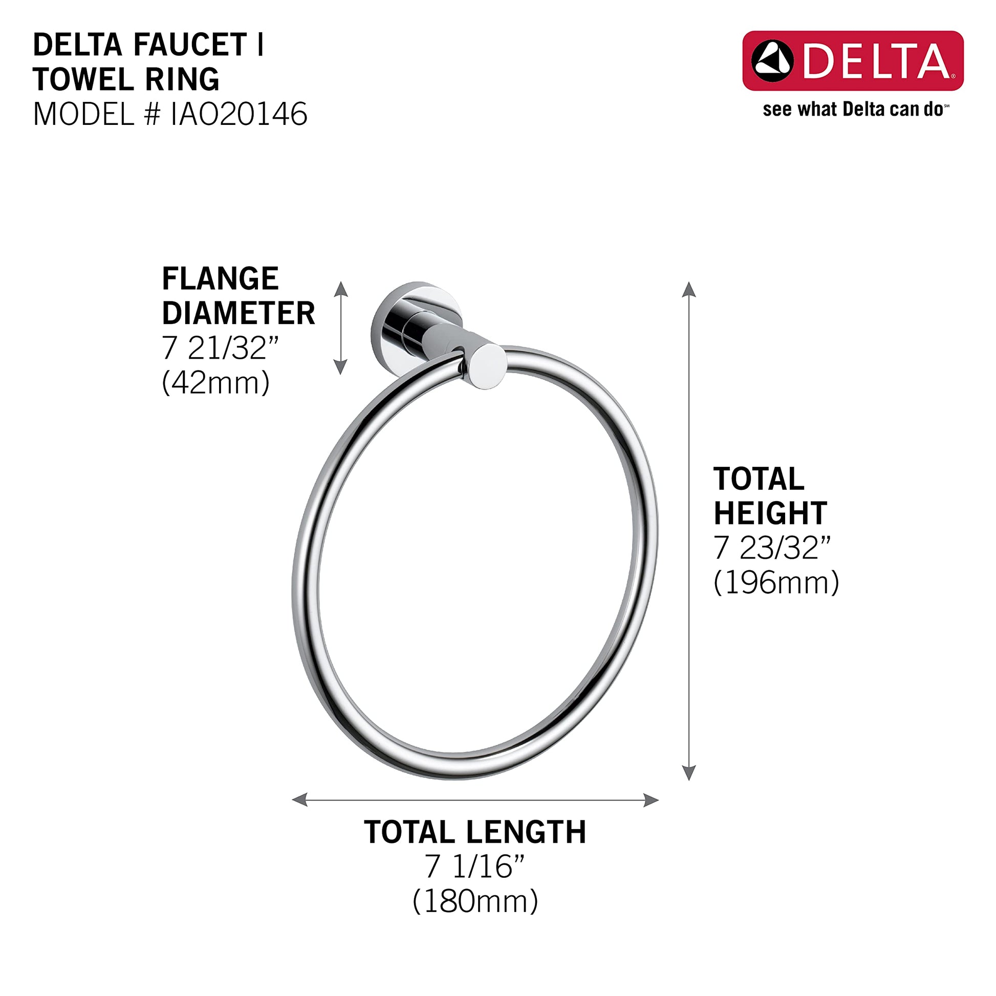 Chrome towel ring with circular design and wall-mounted flange, 7 1/16" length.