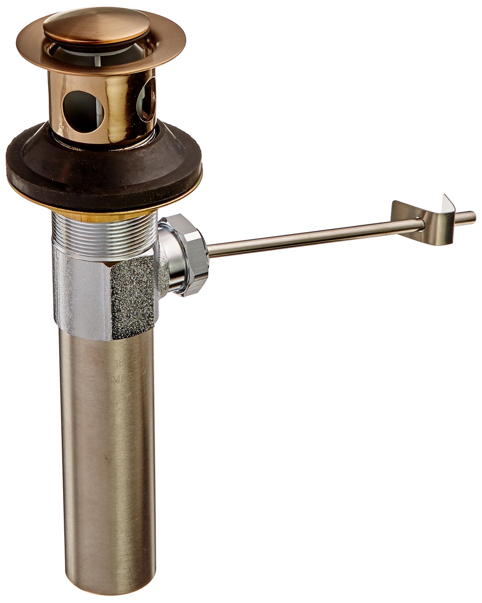 Champagne bronze metal drain assembly with pop-up stopper and overflow control for bathroom sinks.