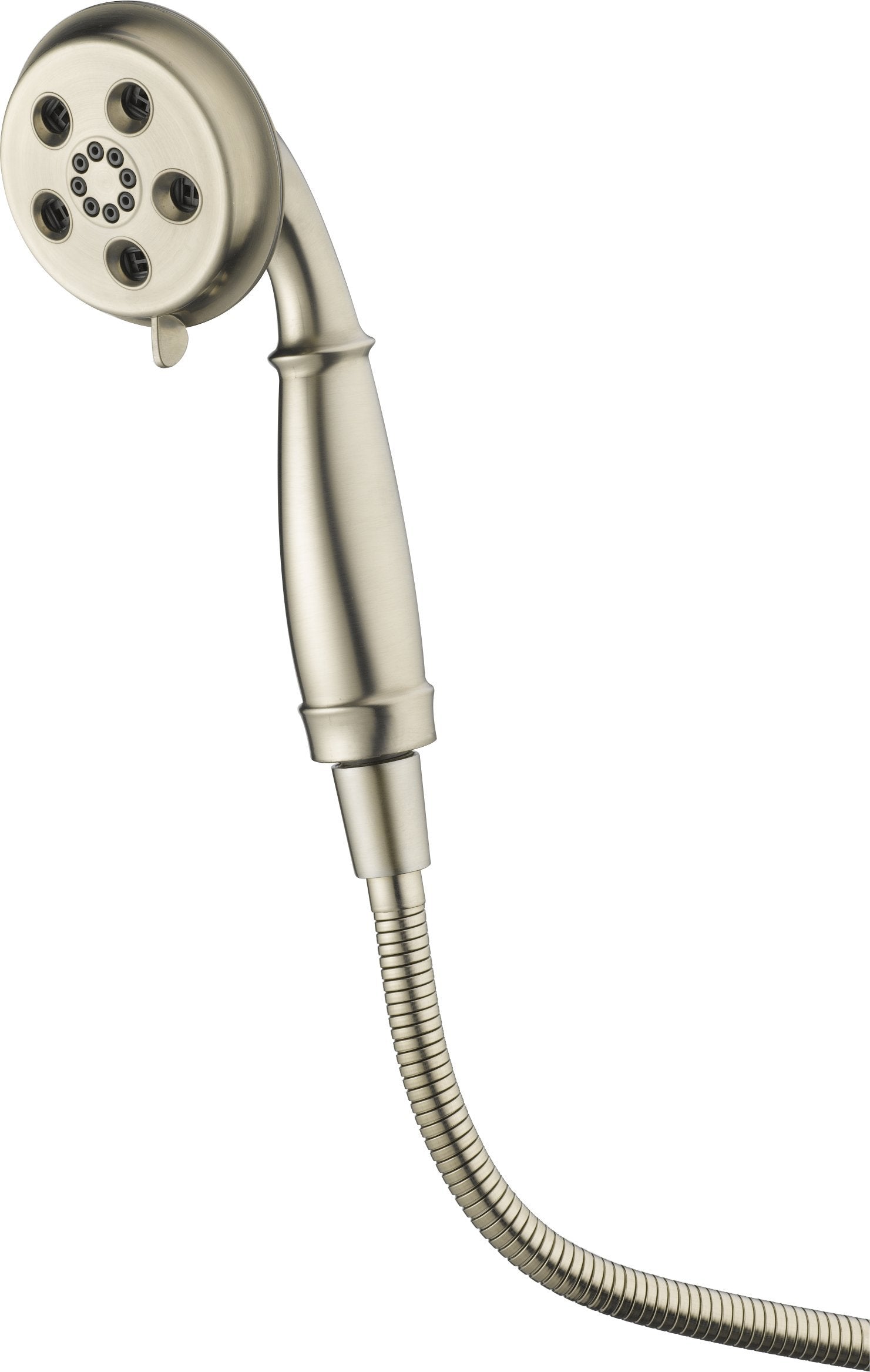 Brushed nickel hand shower head with multiple spray jets, tapered handle, and flexible hose connection.