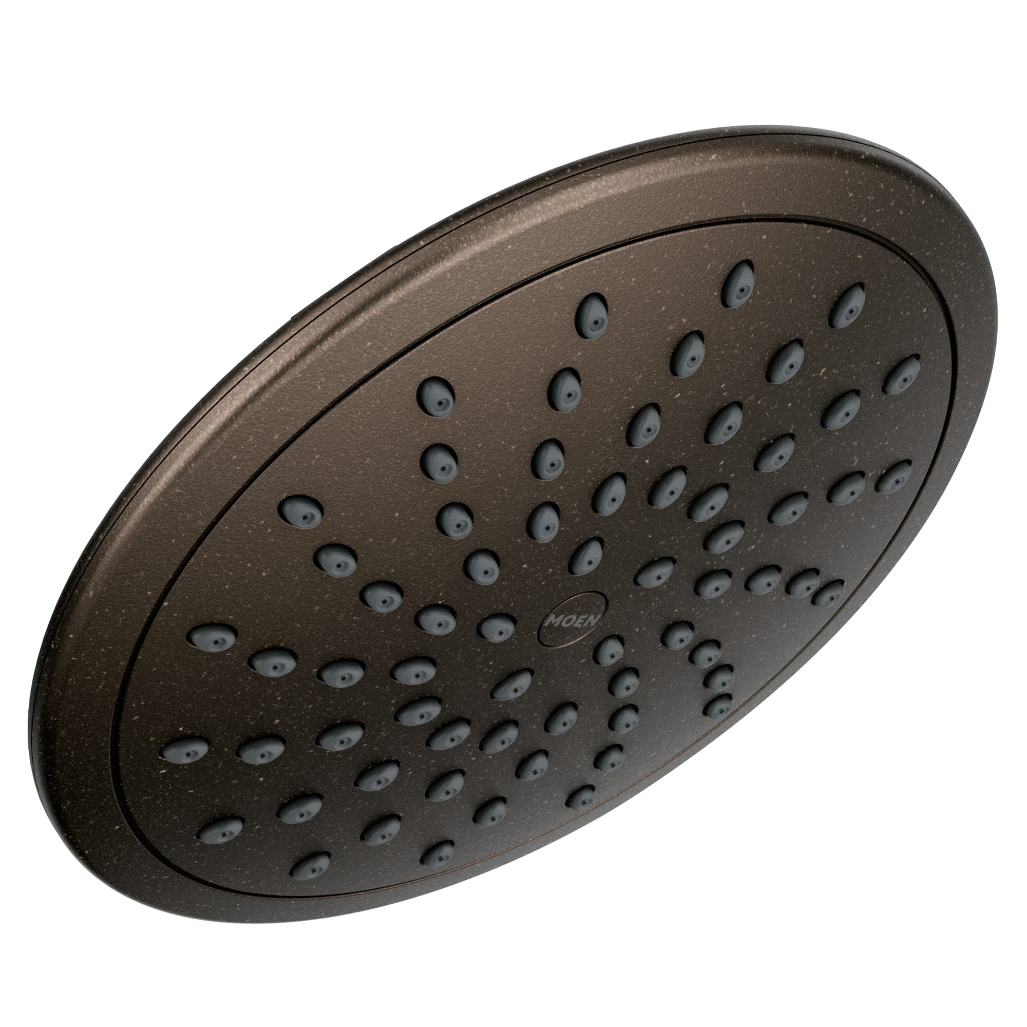 Round oil rubbed bronze shower head with multiple spray jets arranged in circular pattern.