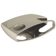 Brushed nickel metal bracket with curved design, circular and oval openings, and internal mounting features.