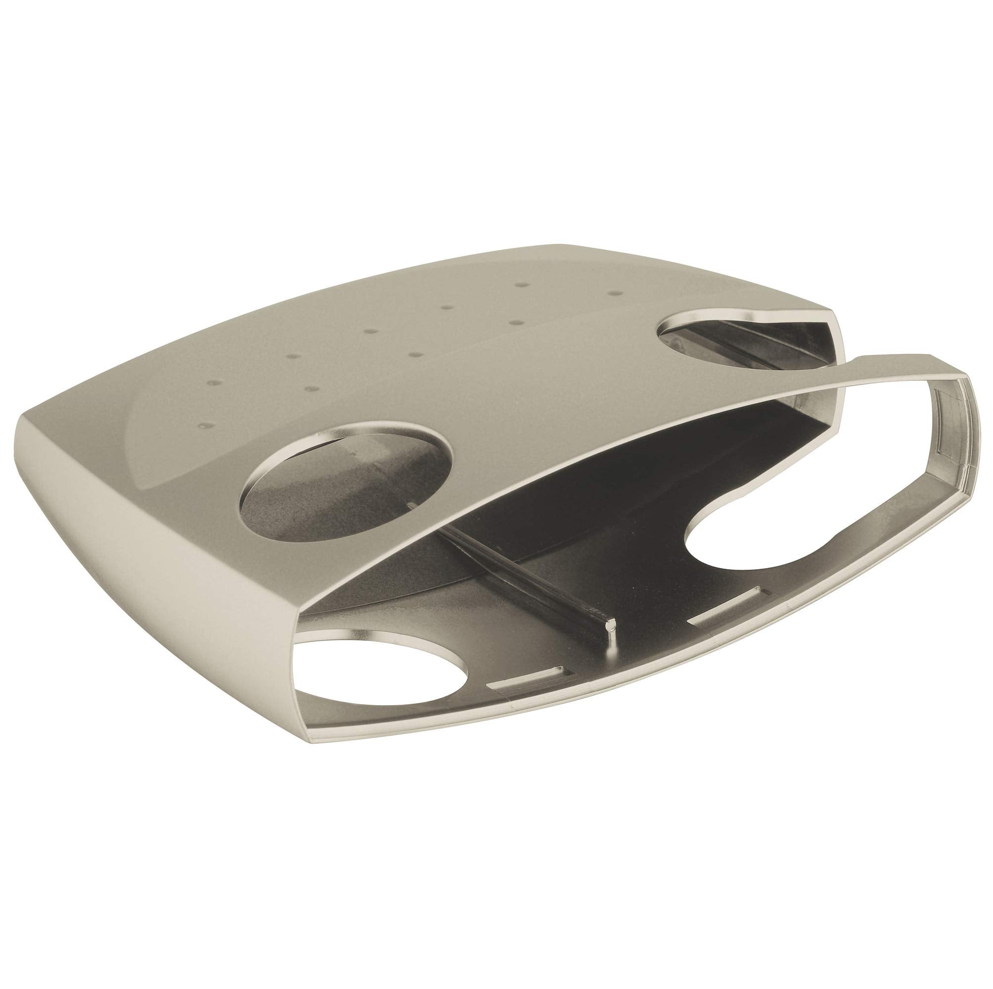 Brushed nickel metal bracket with curved design, circular and oval openings, and internal mounting features.