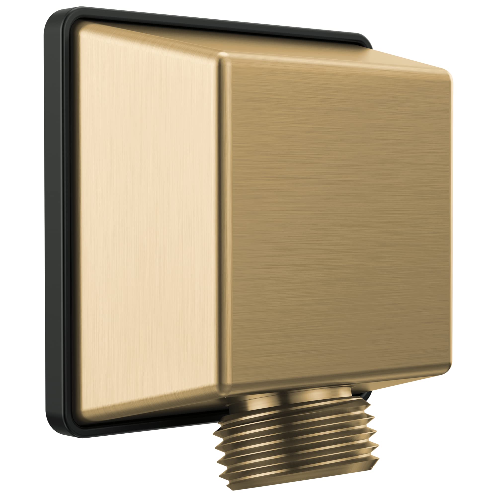 Square brass wall elbow with threaded connection for hand shower, brushed champagne bronze finish with black trim.