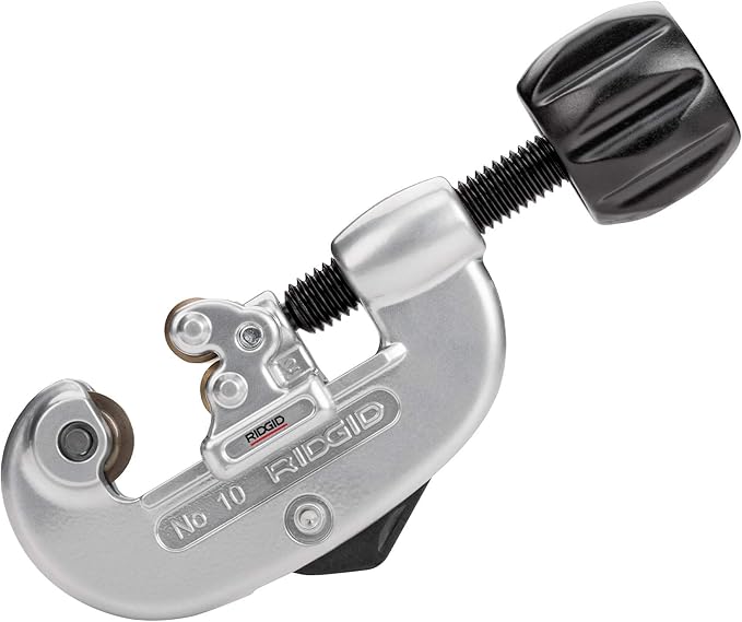RIDGID screw feed tubing cutter with metal body, adjustment wheel, and cutting wheel on curved arm.