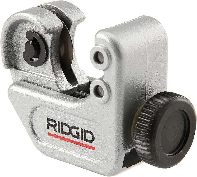RIDGID close quarters tubing cutter with adjustable wheel knob and cutting head on silver metal body.