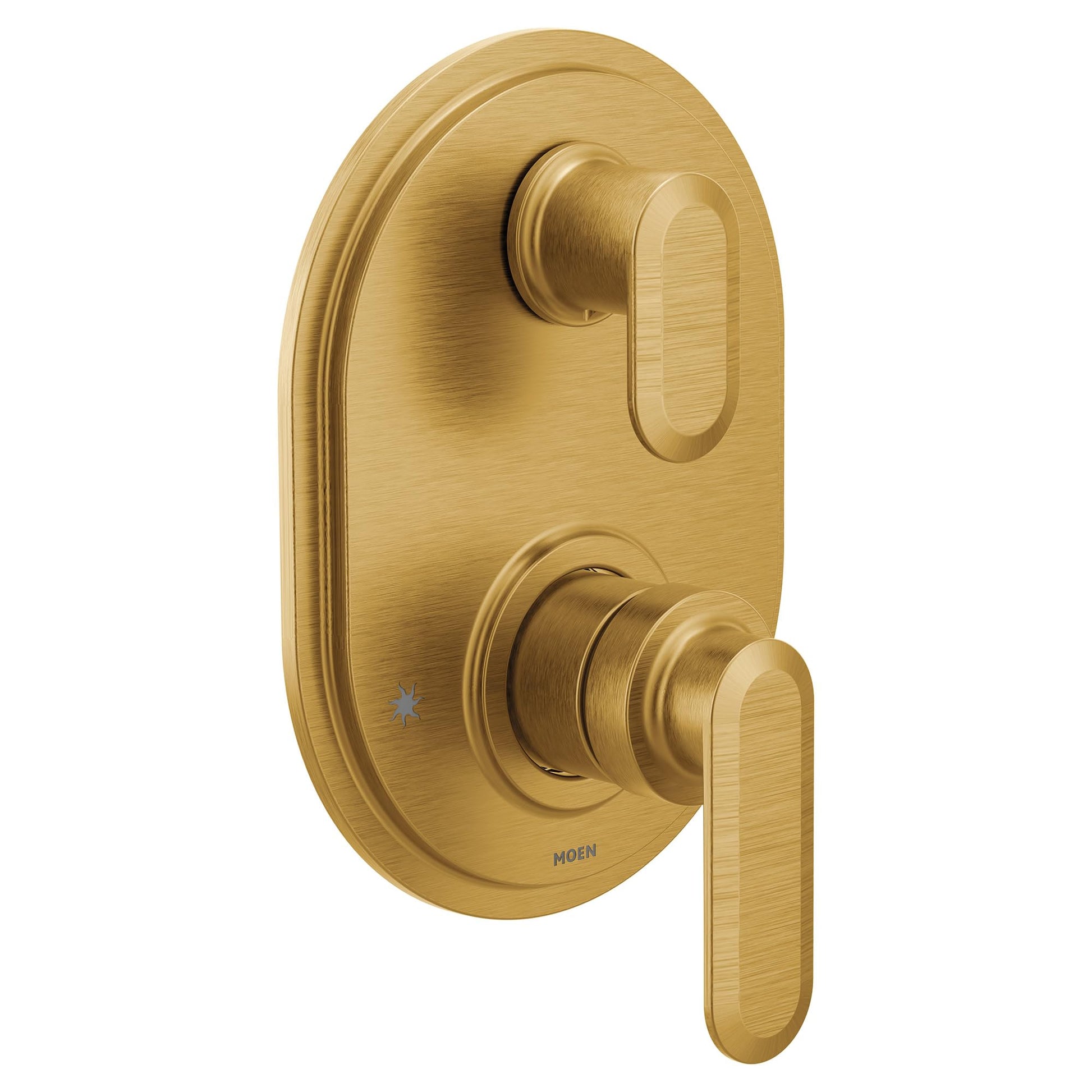 Brushed gold shower valve trim with two handles and oval backplate.
