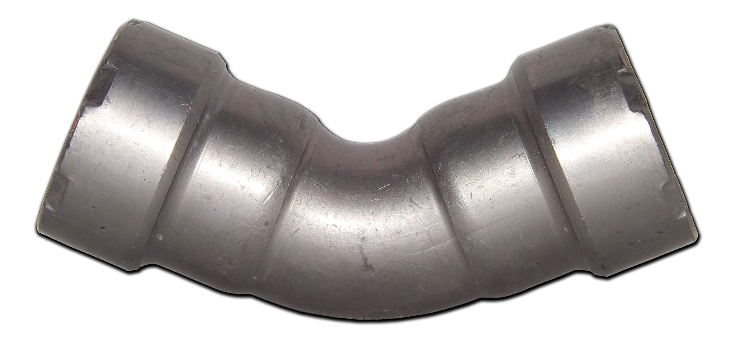 Silver-colored 45-degree elbow connector with cylindrical ports on both ends and ribbed grip sections.