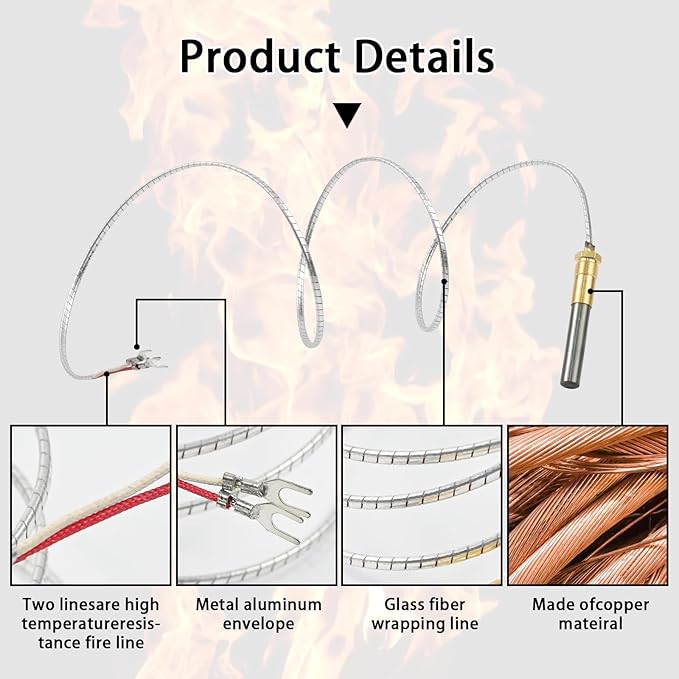 Robertshaw thermopile generator with dual copper tubing and metal fittings displayed with fire background and component detai