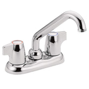 Chrome two-handle laundry faucet with curved spout and oval base.