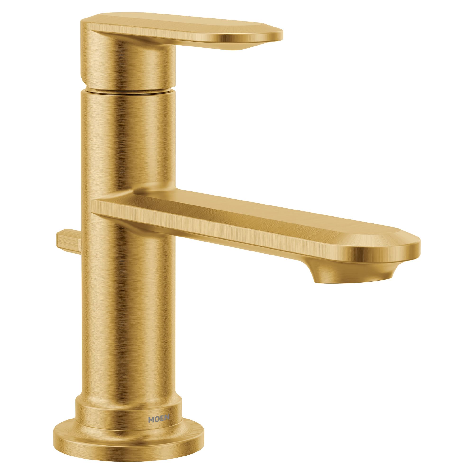 Brushed gold single-handle bathroom sink faucet with cylindrical body and curved spout.