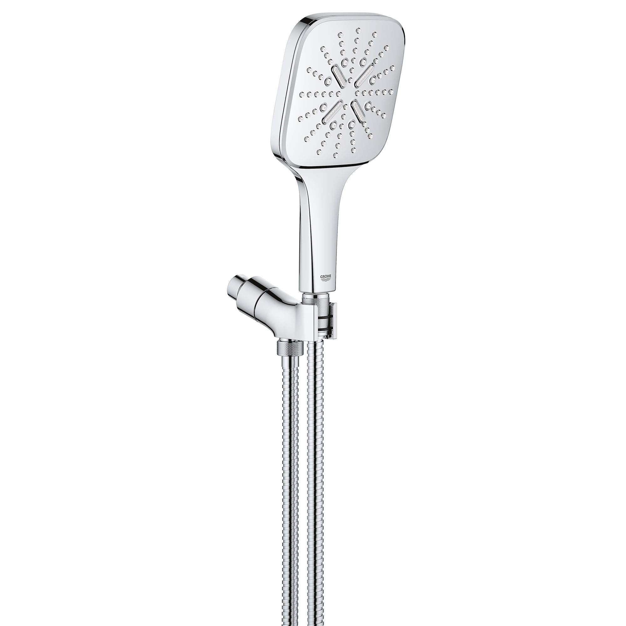 Chrome hand shower with square head, multiple spray holes, and flexible hose with wall connector.