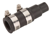 Black rubber connector with two stainless steel hose clamps and inlet port for dishwasher disposal installation.